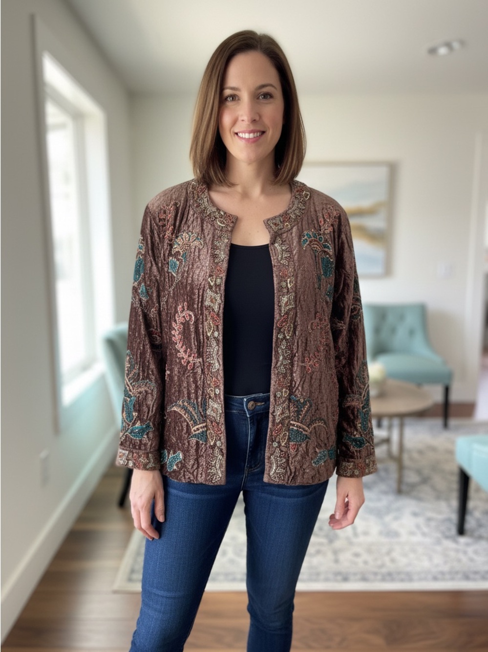 Chico’s Size 3 (US 16) Brown Velour & Silk Jacket w/Sequins & Studs